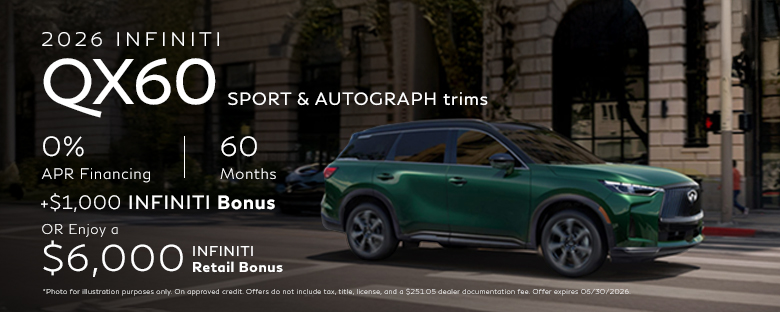 Finance for 0% APR for 60 months+ $1,000 INFINITI Bonus* Or enjoy a $6,000 INFINITI Retail Bonus**