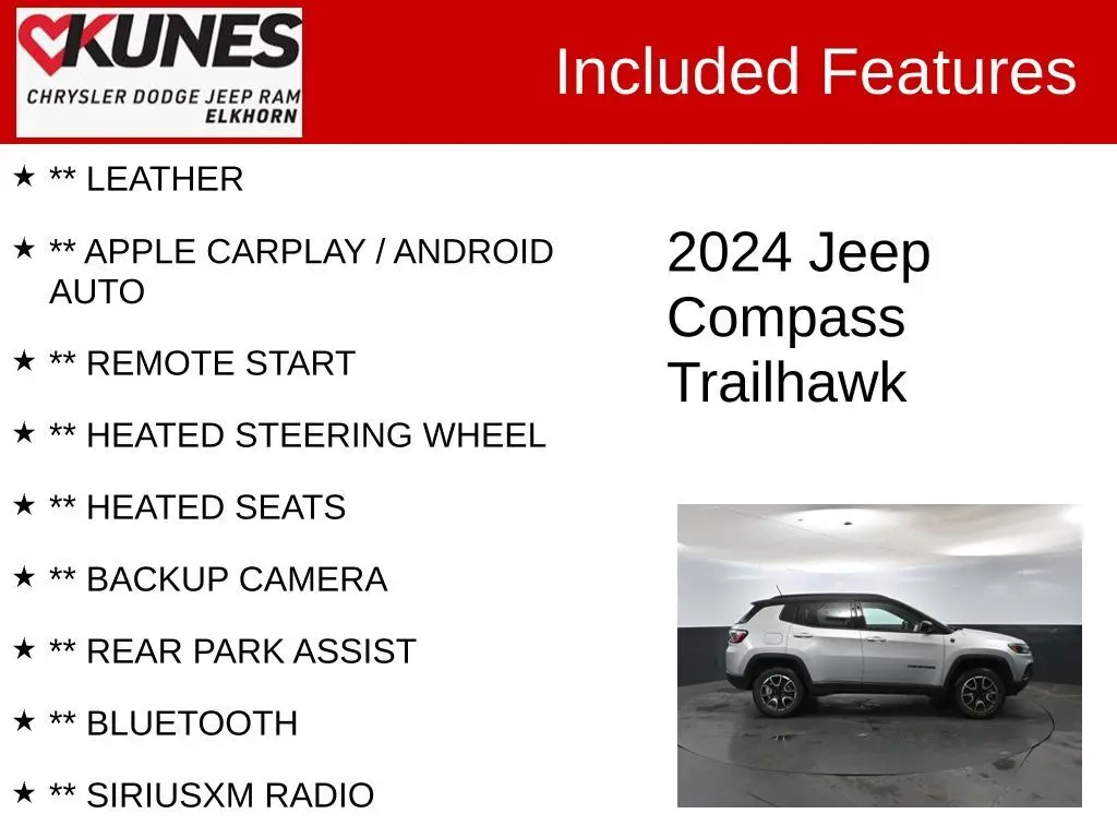 Used 2024 Jeep Compass Trailhawk with VIN 3C4NJDDN8RT144962 for sale in Elkhorn, WI