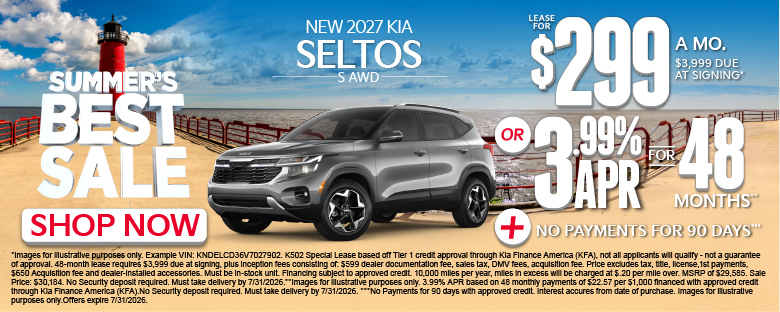 NEW 2027 Kia Seltos S AWD	"LEASE FOR $299/MONTHS with $3,999 due at signing* OR 3.99% APR for 48 months** PLUS, NO PAYMENTS FOR 90 DAYS***"