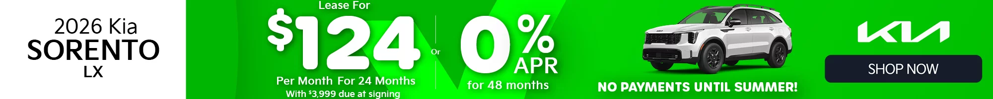 2026 Kia Sorento LX Lease for $124 per month with $3,999 due at signing Or 0.0% APR for 48 months