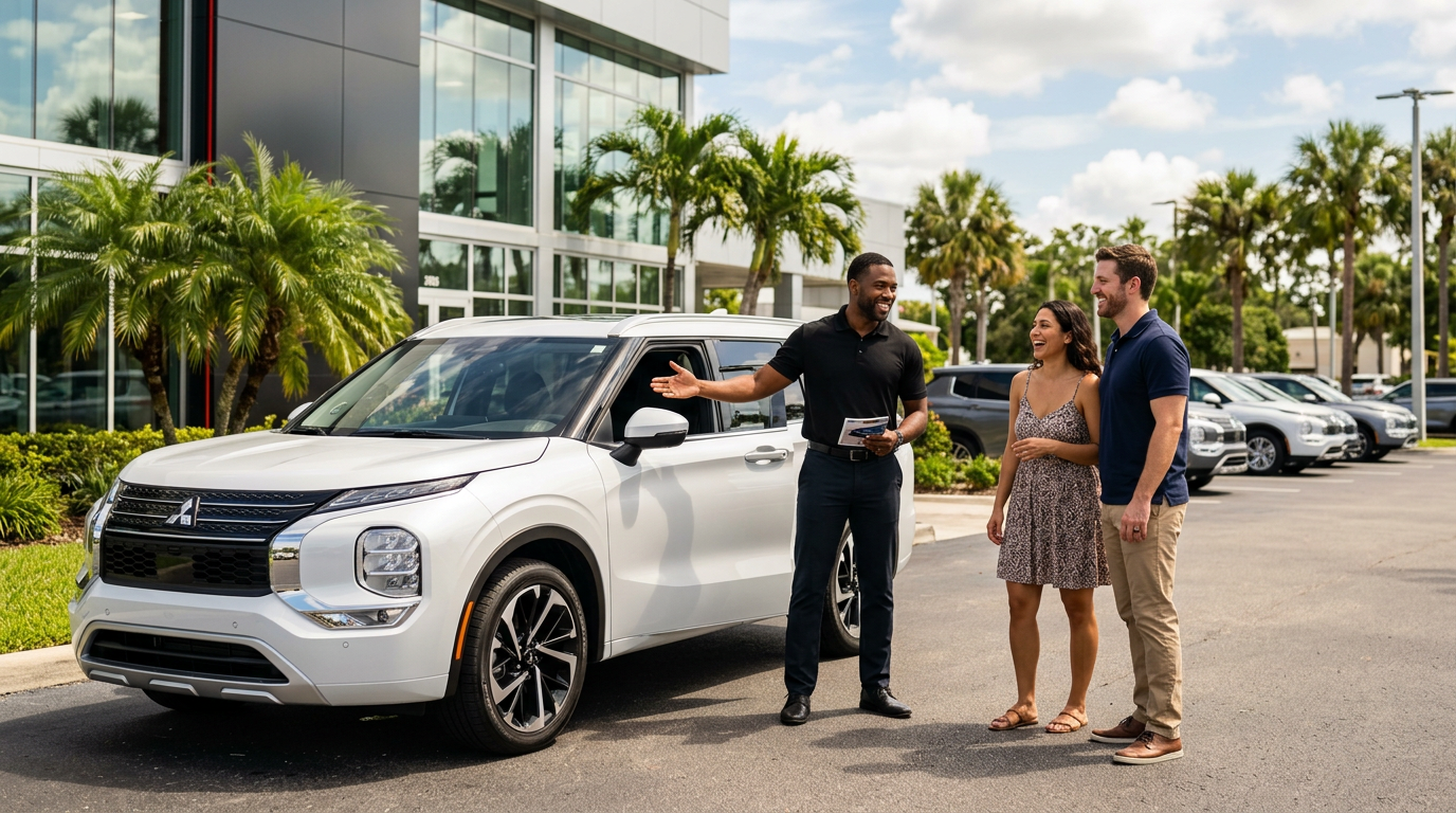 A car salesman gestures toward a white Mitsubishi SUV while talking to a smiling couple at an outdoor dealership. (Representative image for illustration purposes only. Actual vehicle may vary based on trim and configuration.)