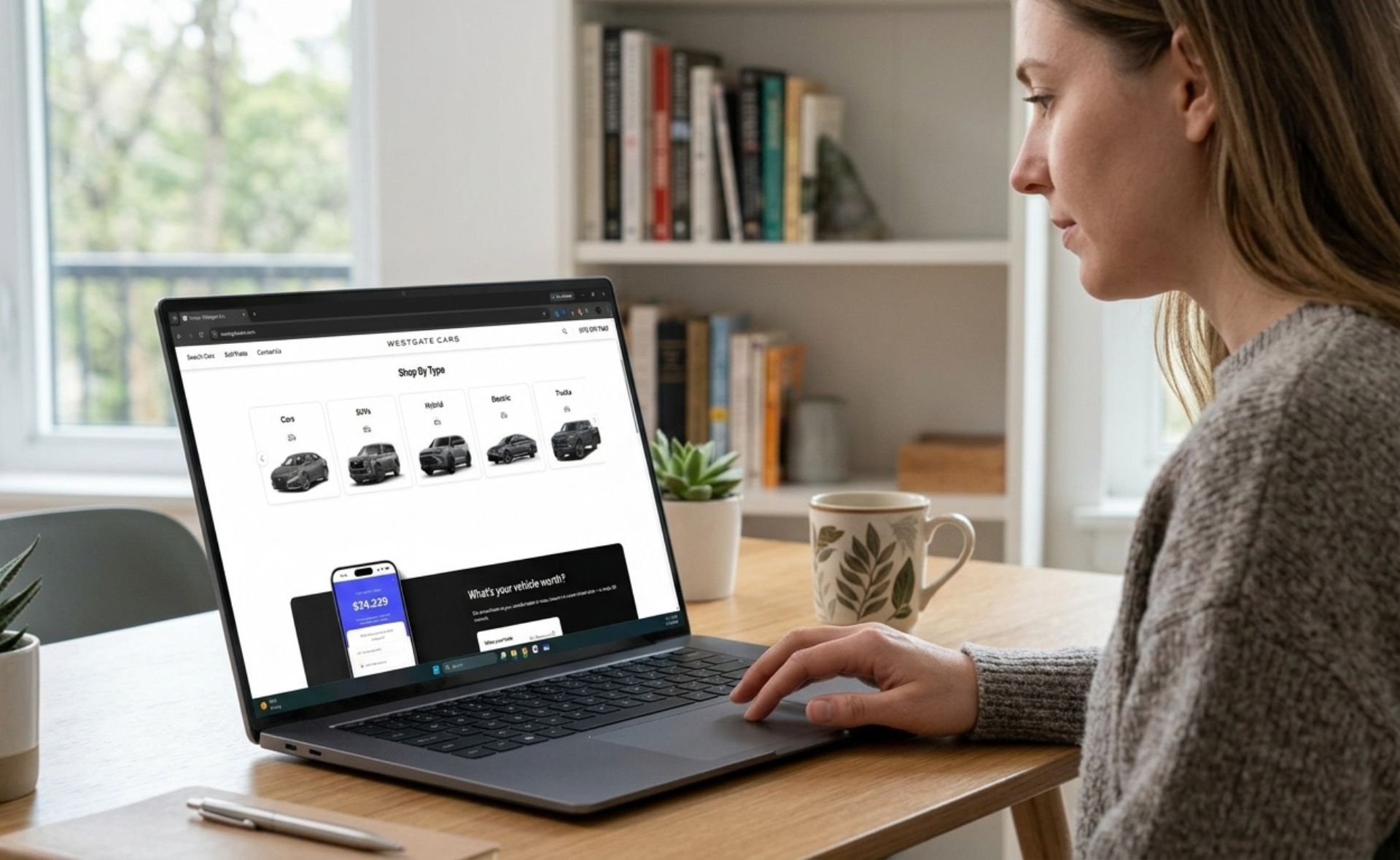 A woman sitting at a desk at home using a laptop computer to browse vehicle inventory by type on the Westgate Cars website.