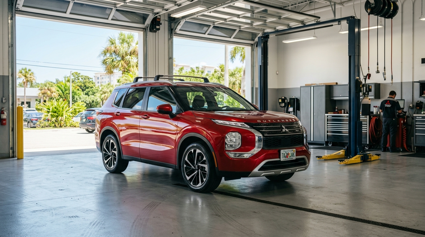 Red Mitsubishi Outlander parked inside a clean automotive service bay.