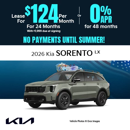2026 Kia Sorento LX Lease for $124 per month with $5,999 due at signing Or 0.0% APR for 48 months