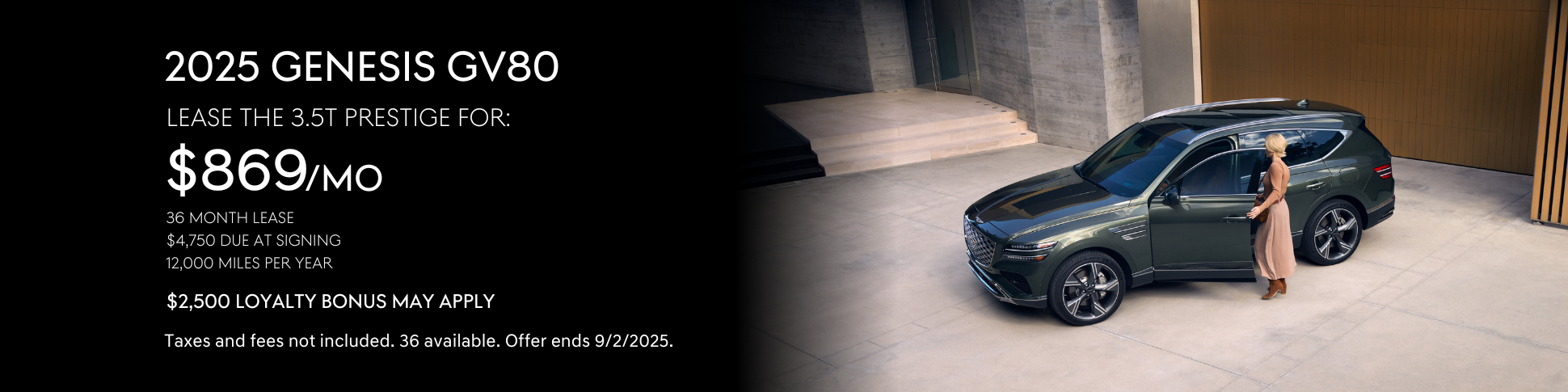 Lease the 2025 Genesis GV80 3.5T Prestige for $869 per month for 36 months.