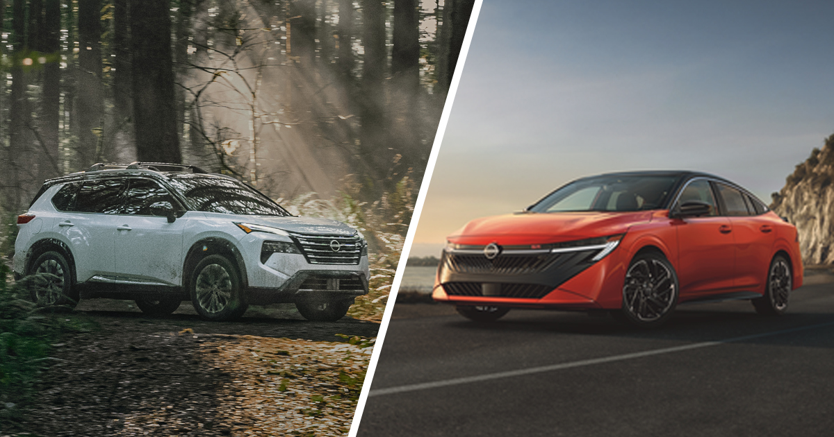 A white Nissan Rogue SUV on the left and a red Nissan Sentra sedan on the right.