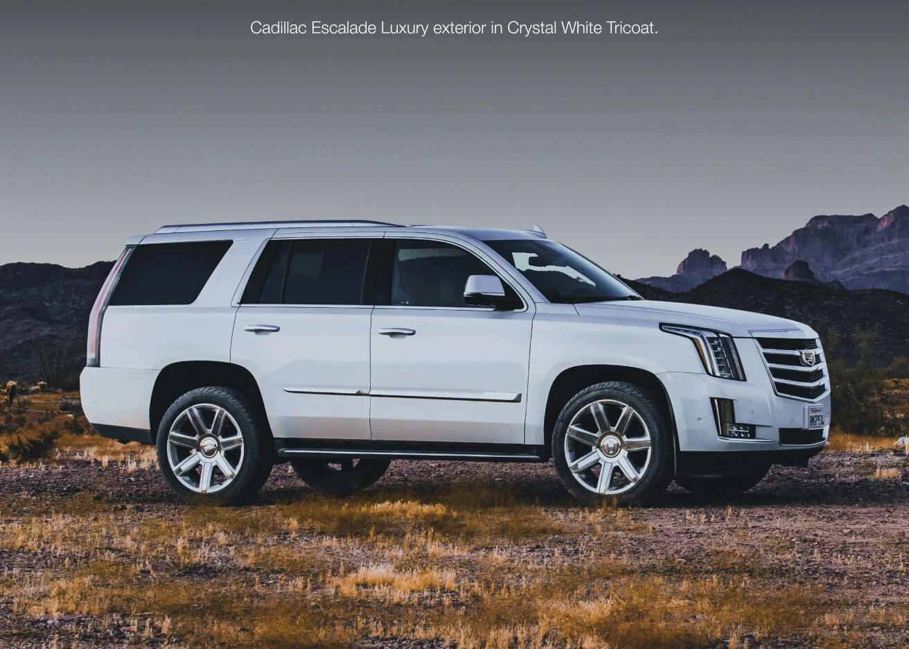 Side profile view 2020 Cadillac Escalade Luxury in Crystal White Tricoat parked in a desert landscape against mountain backdrop.