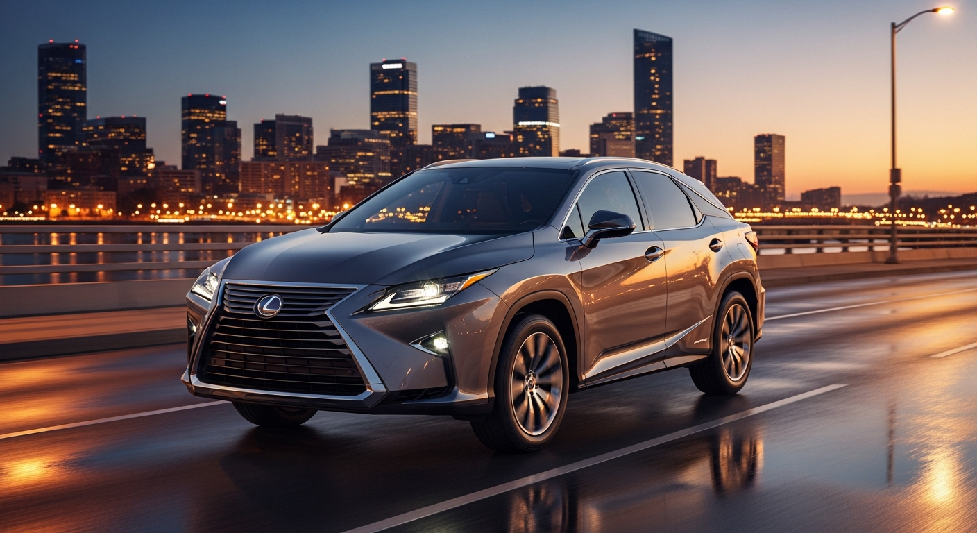 Lexus RX parked on a modern city street at dusk