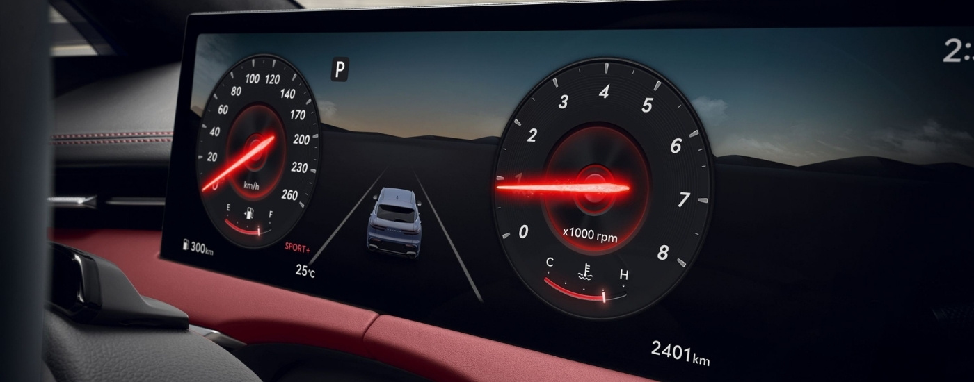 Gauges on the infotainment screen in a 2026 Genesis GV70