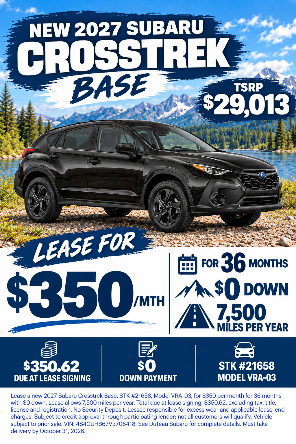 2027 Subaru Crosstrek Lakeside Lease Offer with disclaimer text