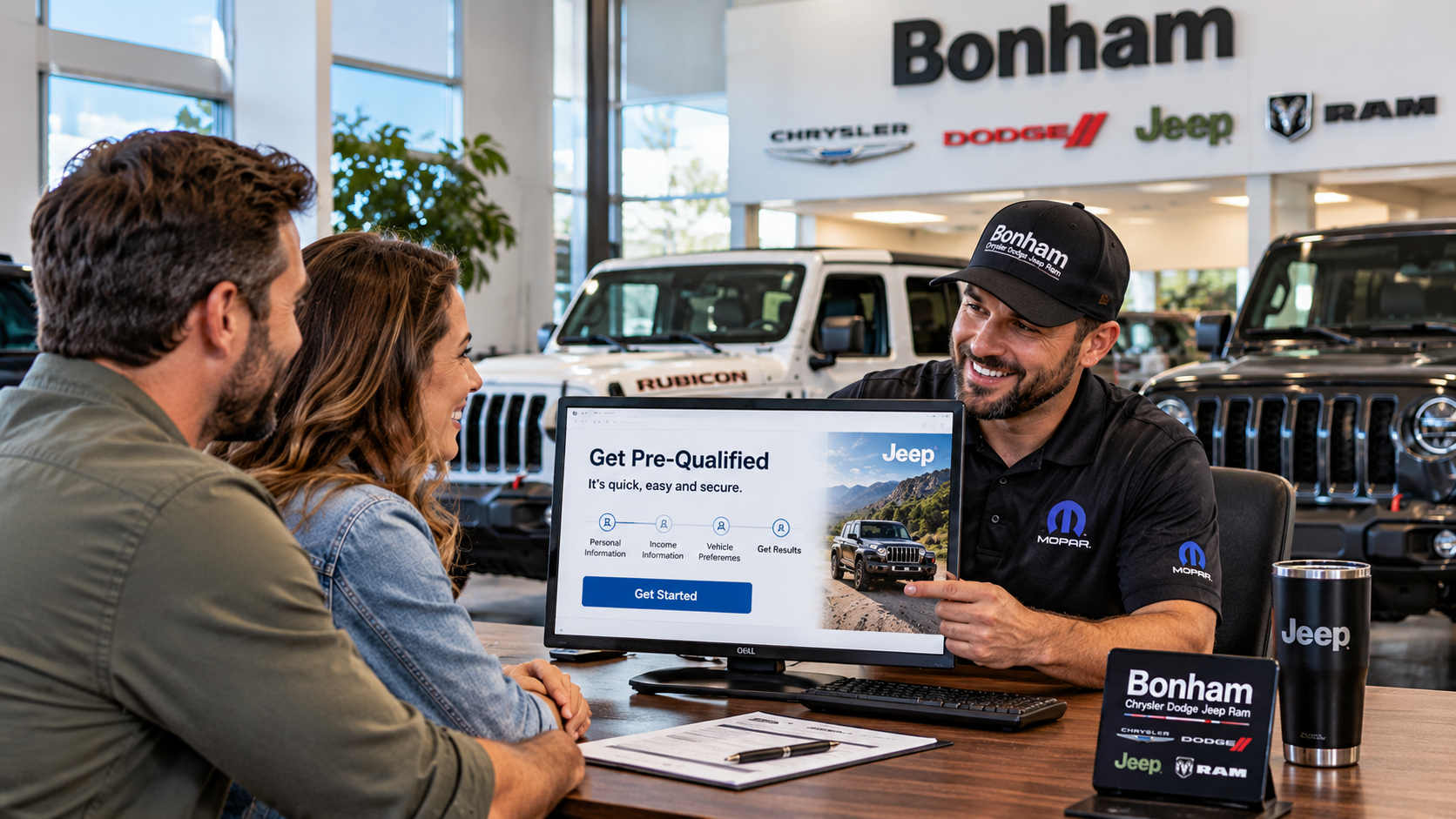 Customer reviewing Jeep financing and pre-qualification options at Bonham Chrysler Dodge Jeep Ram