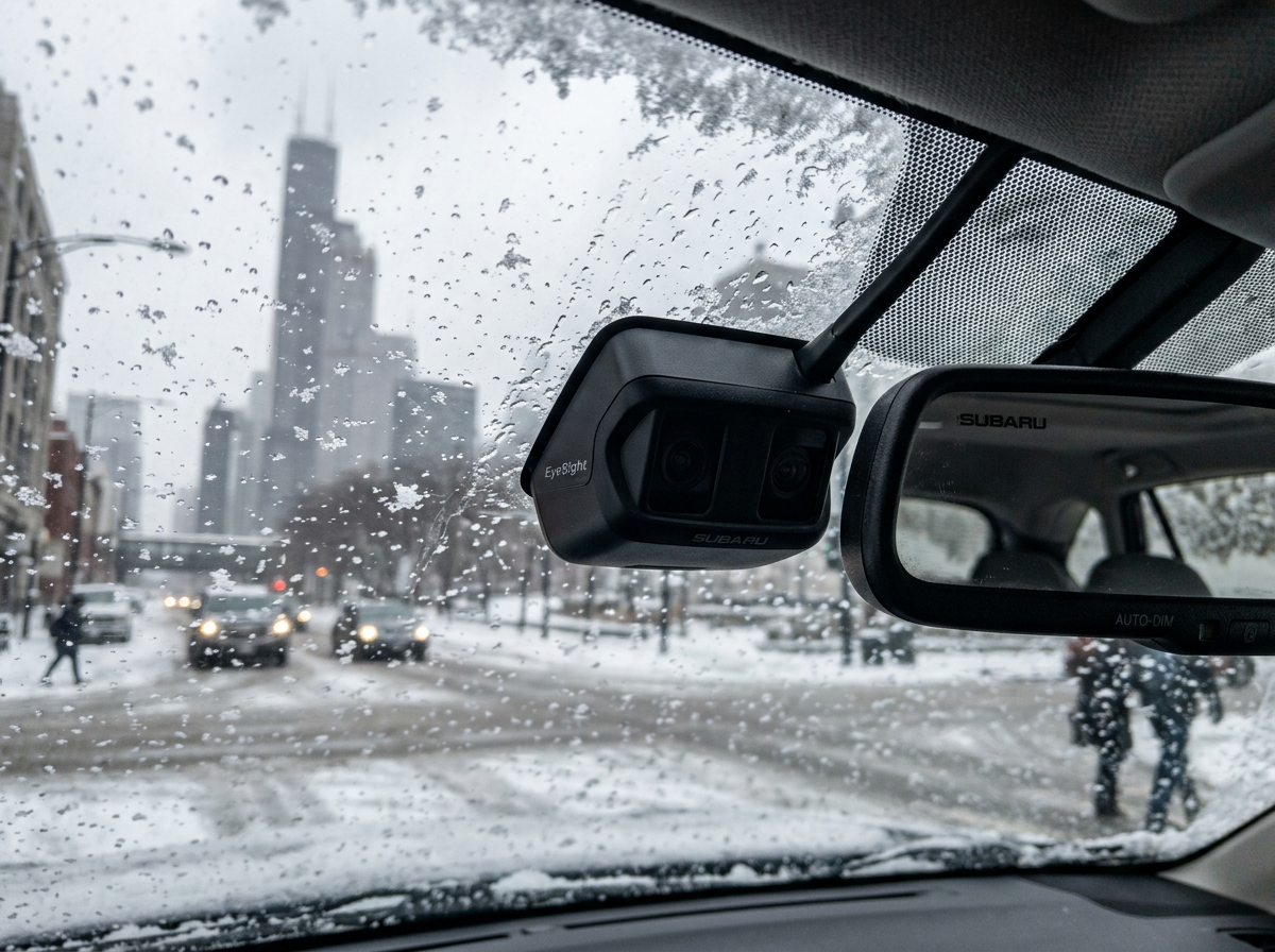 Snowy Chicago street with cars driving carefully in winter