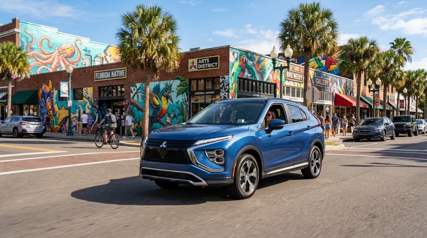 Blue Mitsubishi Eclipse Cross driving down a sunny street past colorful murals and palm trees in an arts district. (Representative image for illustration purposes only. Actual vehicle may vary based on trim and configuration.)