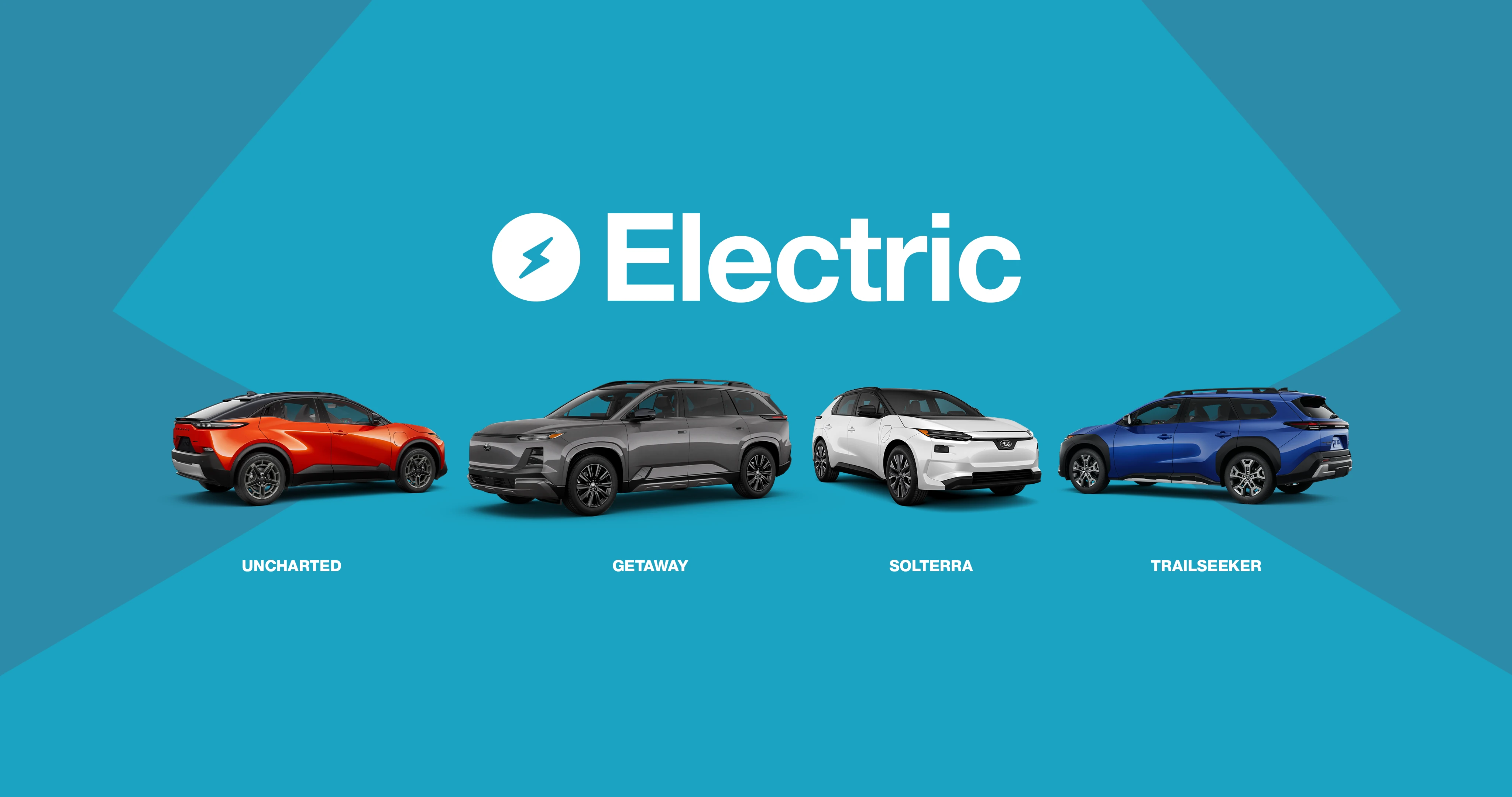 Four Subaru electric vehicles displayed on a blue background with the word ‘Electric’ and a lightning bolt icon above them. From left to right: a red Subaru Uncharted, a grey Subaru Getaway, a white Subaru Solterra, and a blue Subaru 