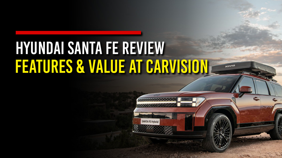 Copper-red Hyundai Santa Fe Hybrid SUV with a rooftop tent parked on a dirt trail at sunset, next to the headline “Hyundai Santa Fe Review, Features & Value at CarVision”