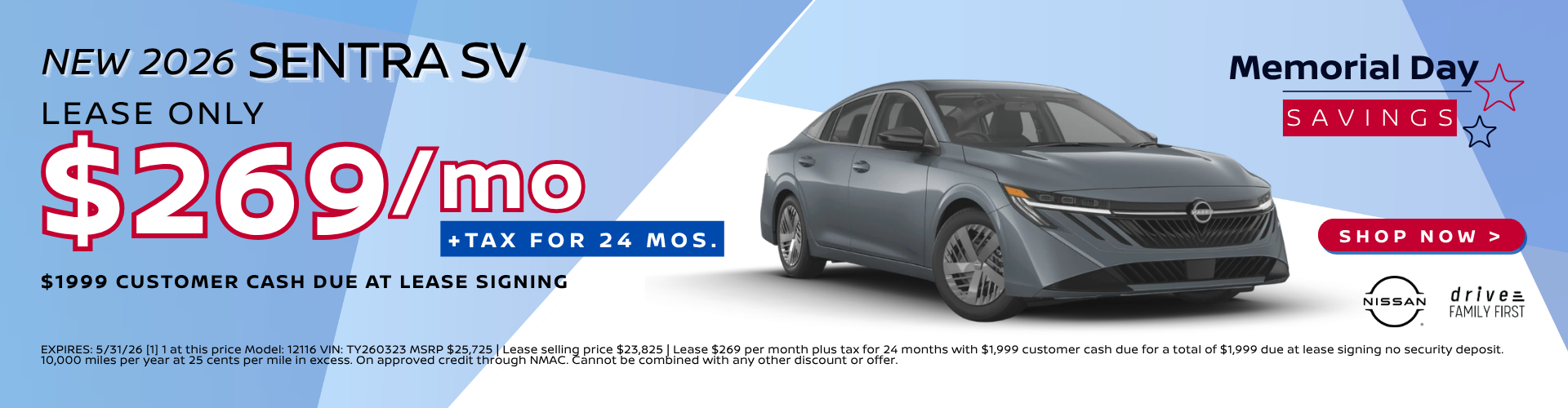 2026 Sentra SV Lease $299/mos. for 36 mos.