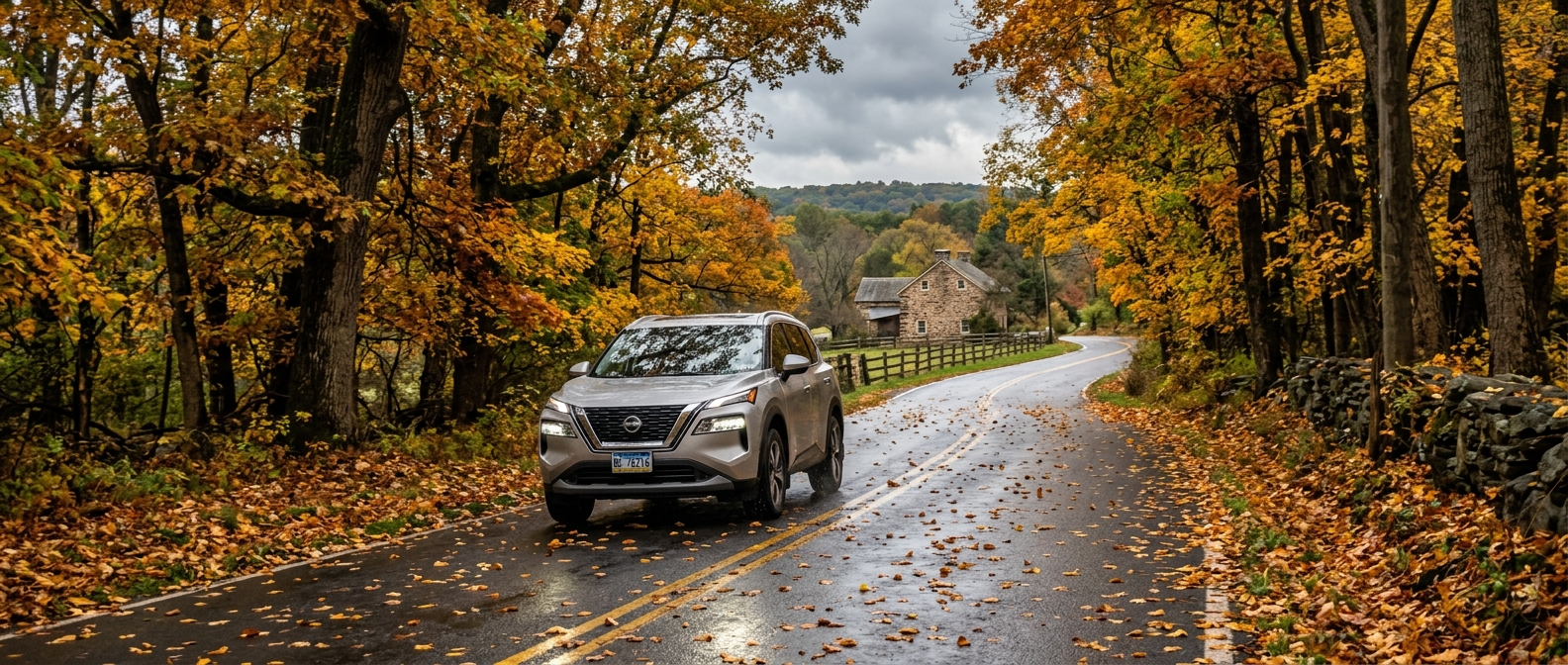 2026 Nissan Rogue on a leaf-covered two-lane road in Doylestown PA in autumn