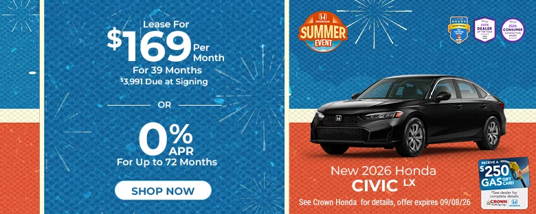 New 2026 Honda Civic LX Sedan Lease For $169 Per Month For 39 Months $3,991 Due At Signing Or 0% APR For Up To 72 Months