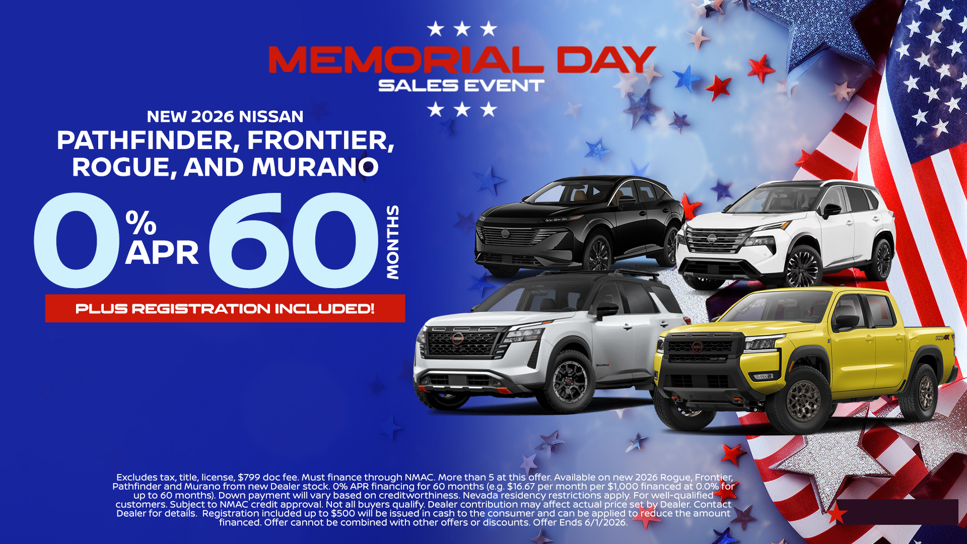 New 2026 Nissan Pathfinder, Frontier, Rogue, and Murano:0% APR for 60 Months