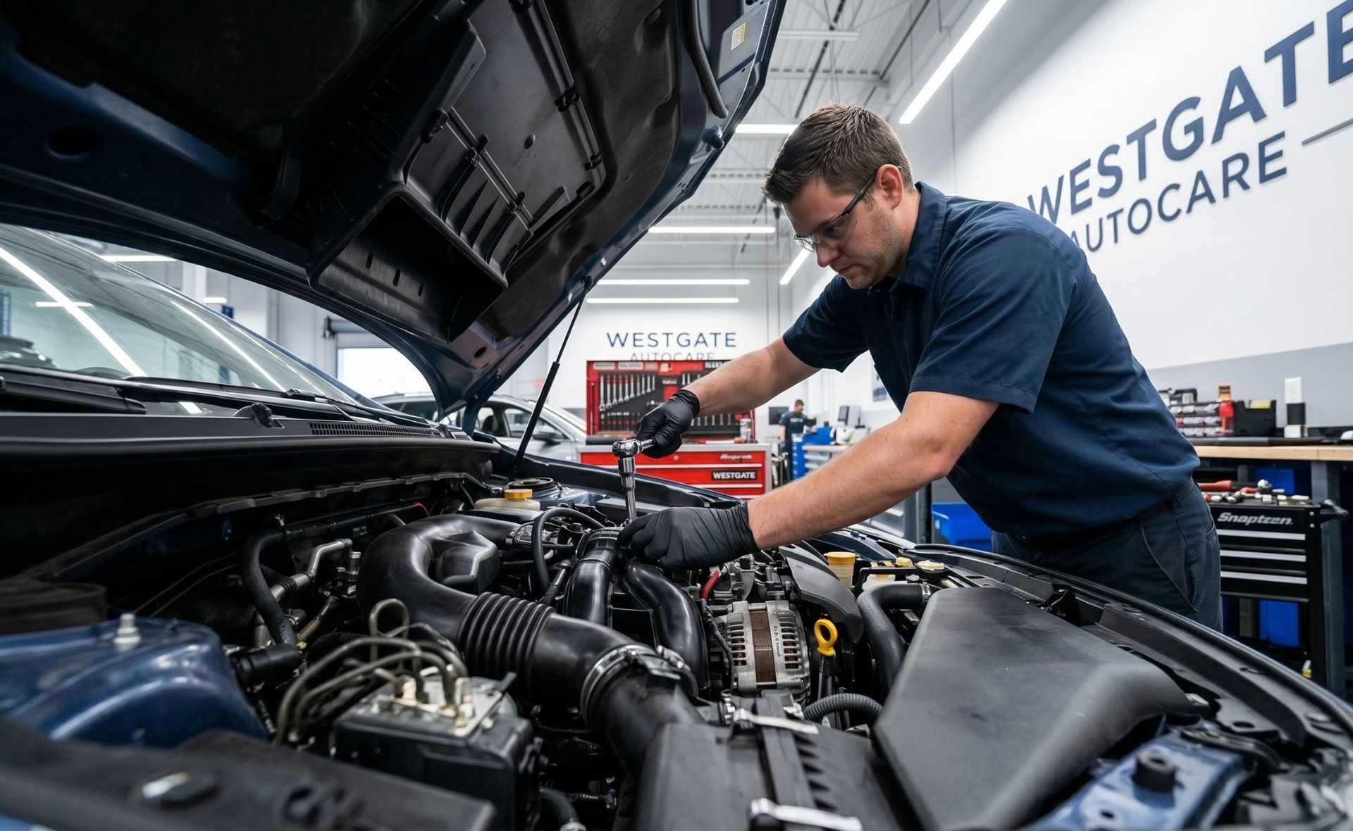 An automotive technician wearing safety glasses and black gloves using a hand tool to perform scheduled engine maintenance under the open hood of a blue car at a Westgate Autocare facility in Raleigh.
