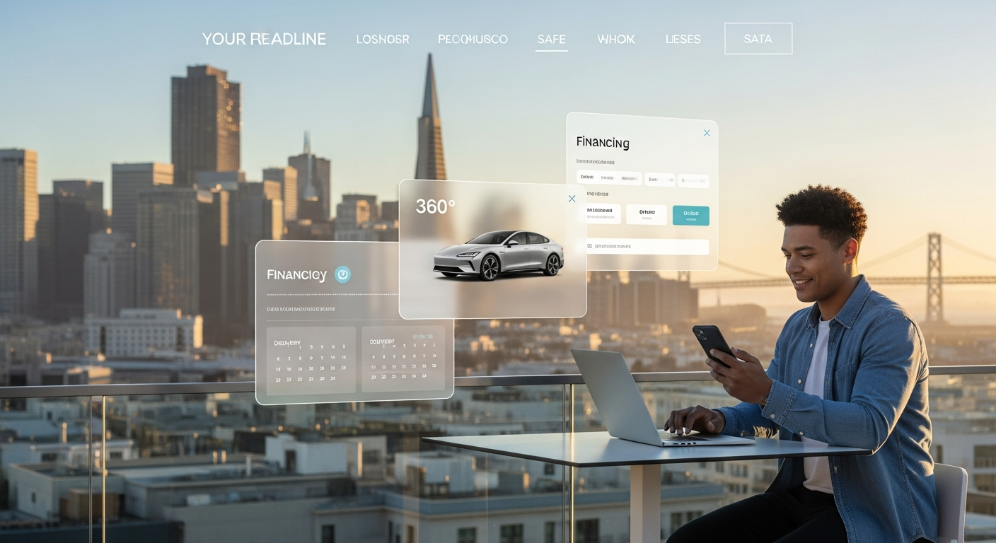 Online car buying in San Francisco with skyline backdrop