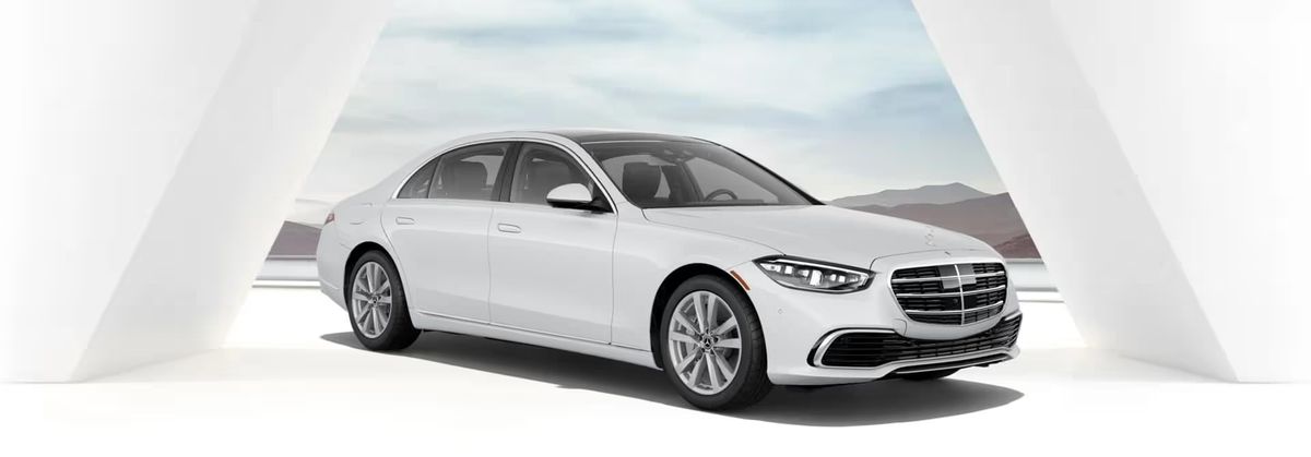 2026 Mercedes-Benz S-Class sedan in white, front three-quarter studio view