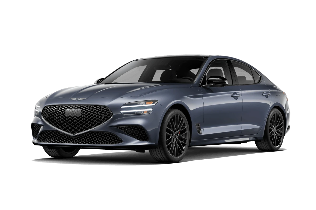 Dark blue Genesis G70 shown from a front three-quarter angle.