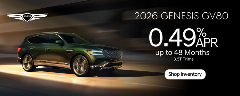 2026 Genesis GV80 driving on a road with promotional text offering 0.49% APR financing for up to 48 months on 3.5T trims and a Shop Inventory call to action.