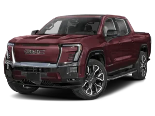 Front three-quarter studio view of a maroon GMC electric pickup truck with a legible GMC nameplate on the closed-off front grille panel and black wheels, on a white background