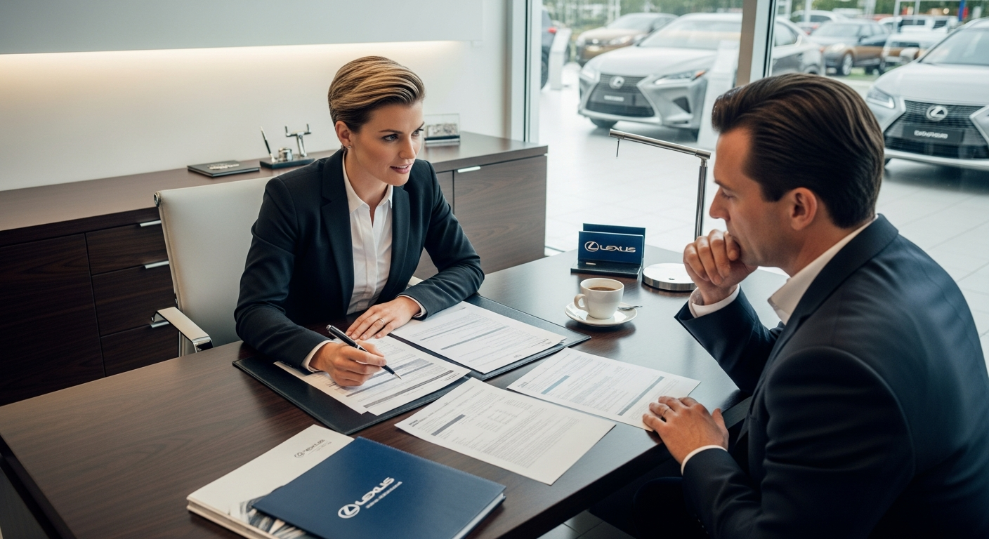 Finance manager reviewing paperwork with a customer in a Lexus dealership office