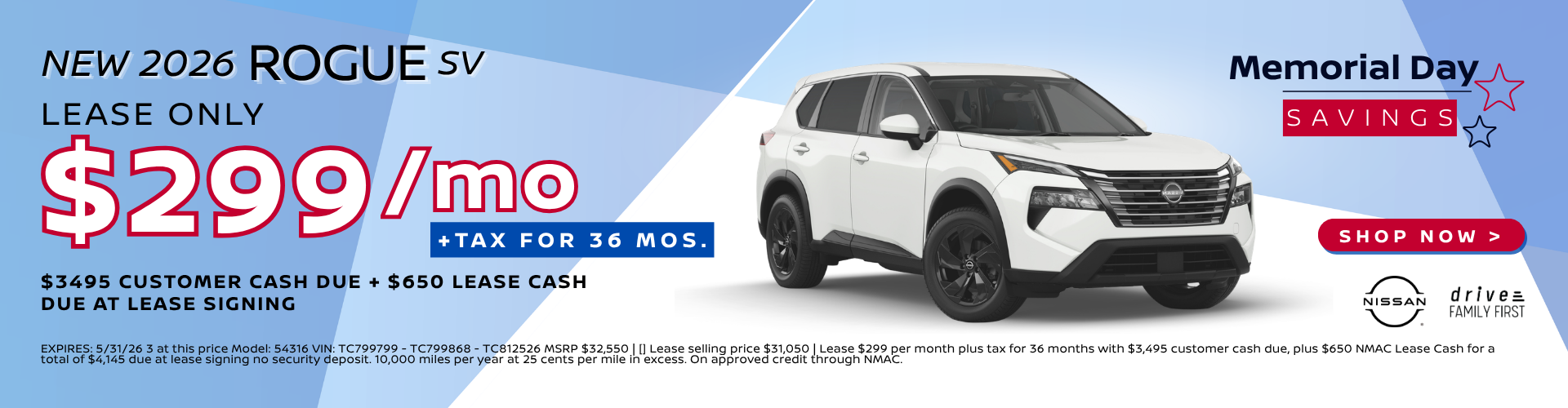 2026 Rogue SV Lease $299/mos. for 36 mos.