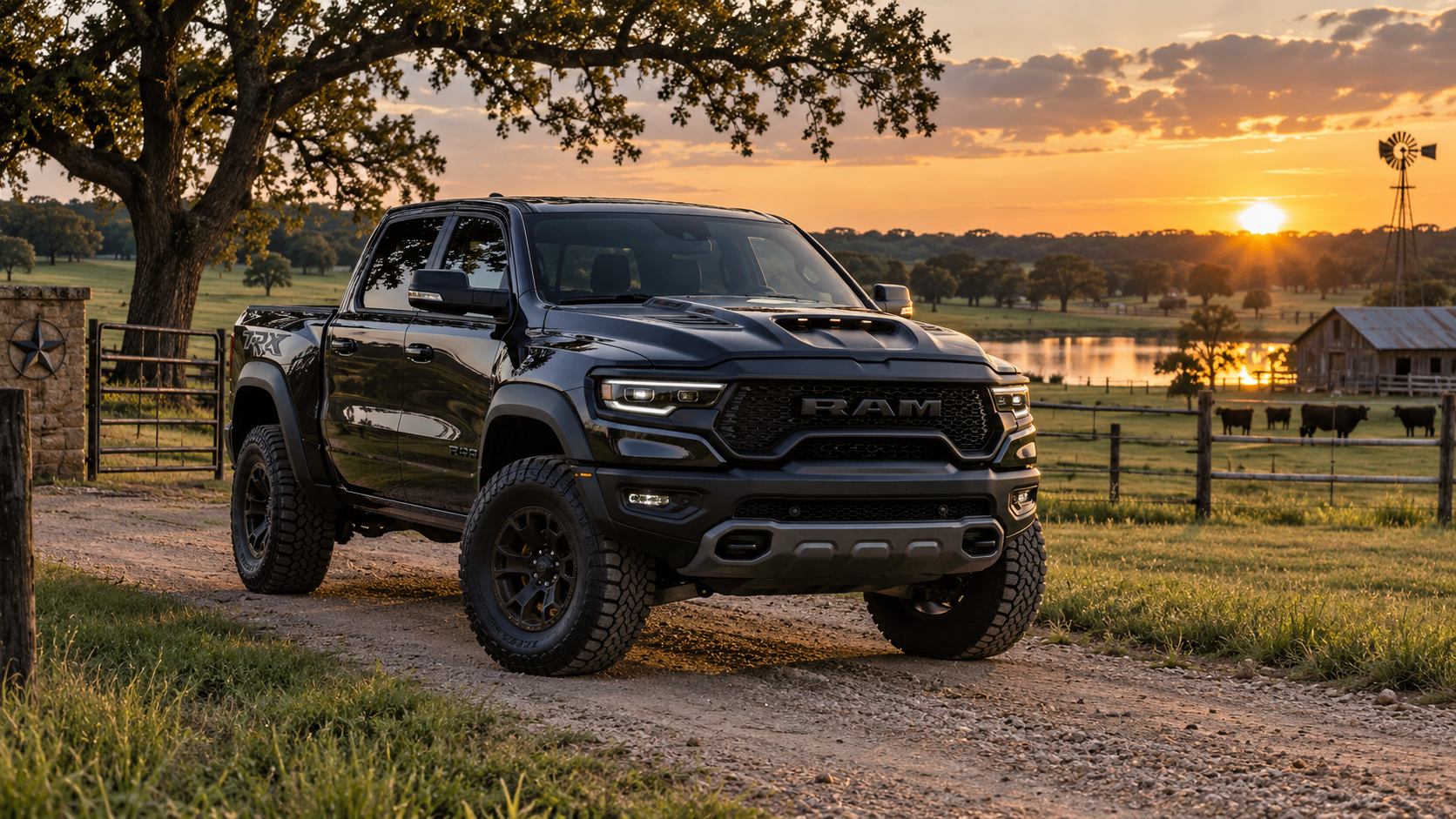 Illustrative Blue high-performance RAM 1500 on a North Texas ranch road