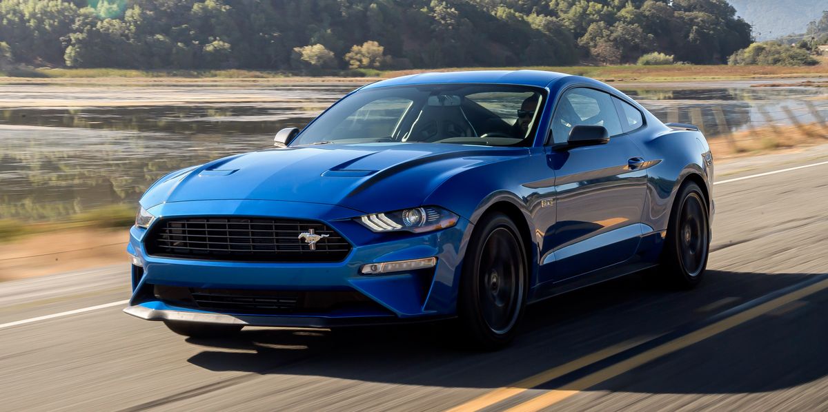 blue 2020 Ford mustang driving fast