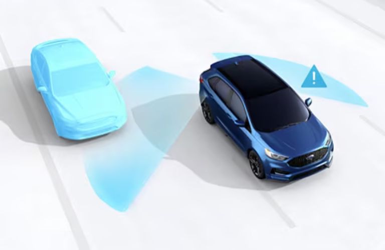 Blue Ford Edge on White Highway Background with Blue BLIS with Cross-Traffice Alert Sensors