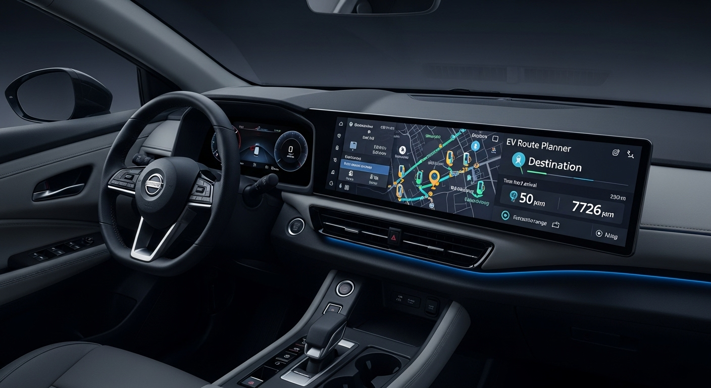 Side-by-side graphic showing the Nissan Ariya’s minimalist dashboard and an overlay of its in-car EV route planner displaying charging stops.