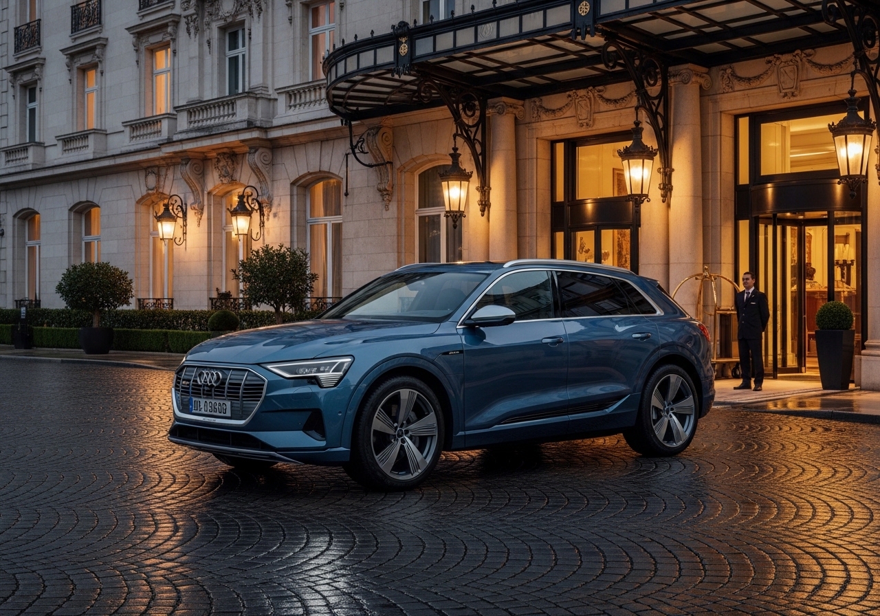 Luxury electric SUV parked at sunset
