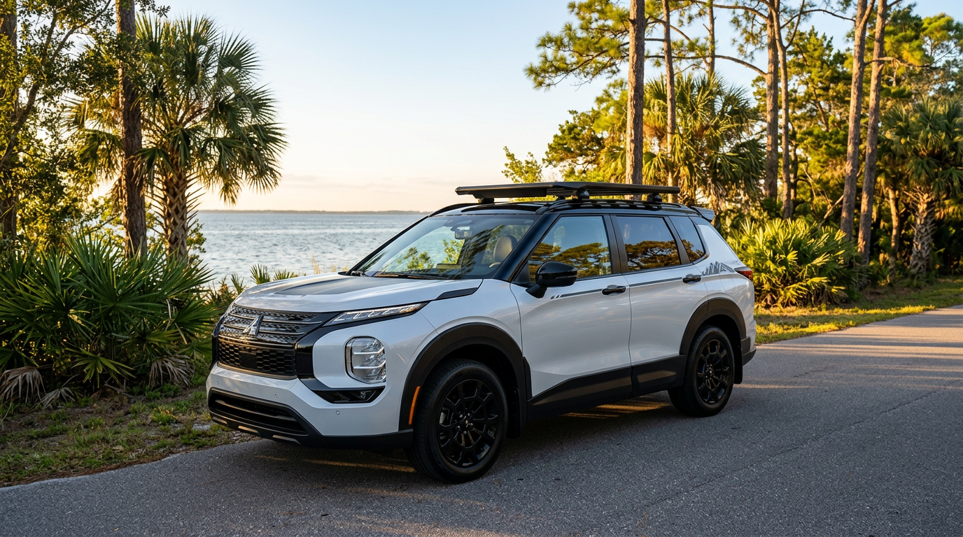 White Mitsubishi Outlander SUV with a roof rack parked on a paved road near a scenic body of water at sunset. (Representative image for illustration purposes only. Actual vehicle may vary based on trim and configuration.)