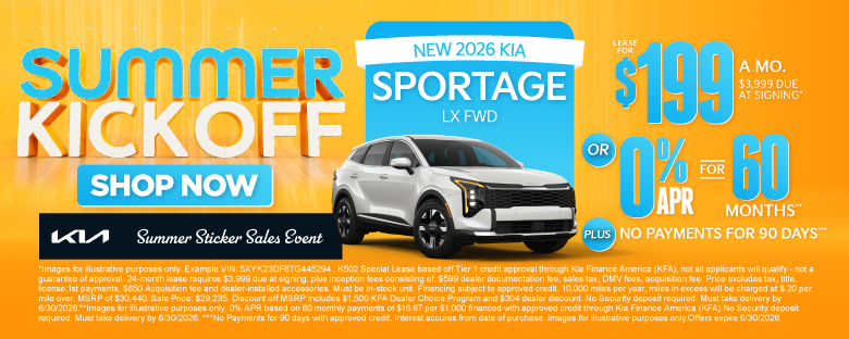 NEW 2026 Kia Sportage LX FWD	"LEASE FOR $199/MO with $3,999 due at signing* OR 0% APR for 60 months** PLUS, NO PAYMENTS FOR 90 DAYS***"
