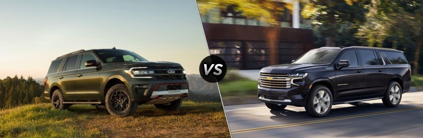 Comparison image of the 2022 Ford Expedition and the 2022 Chevy Suburban