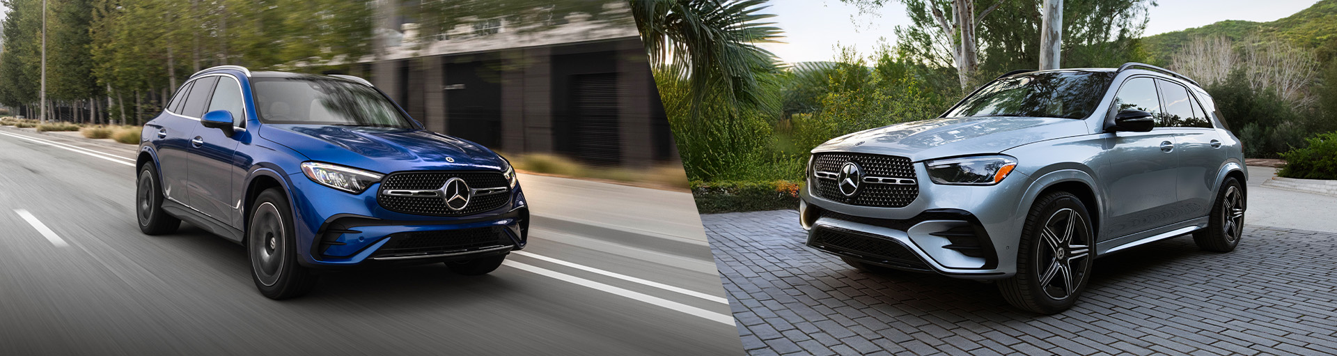 A blue Mercedes-Benz GLC and a silver Mercedes-Benz GLE