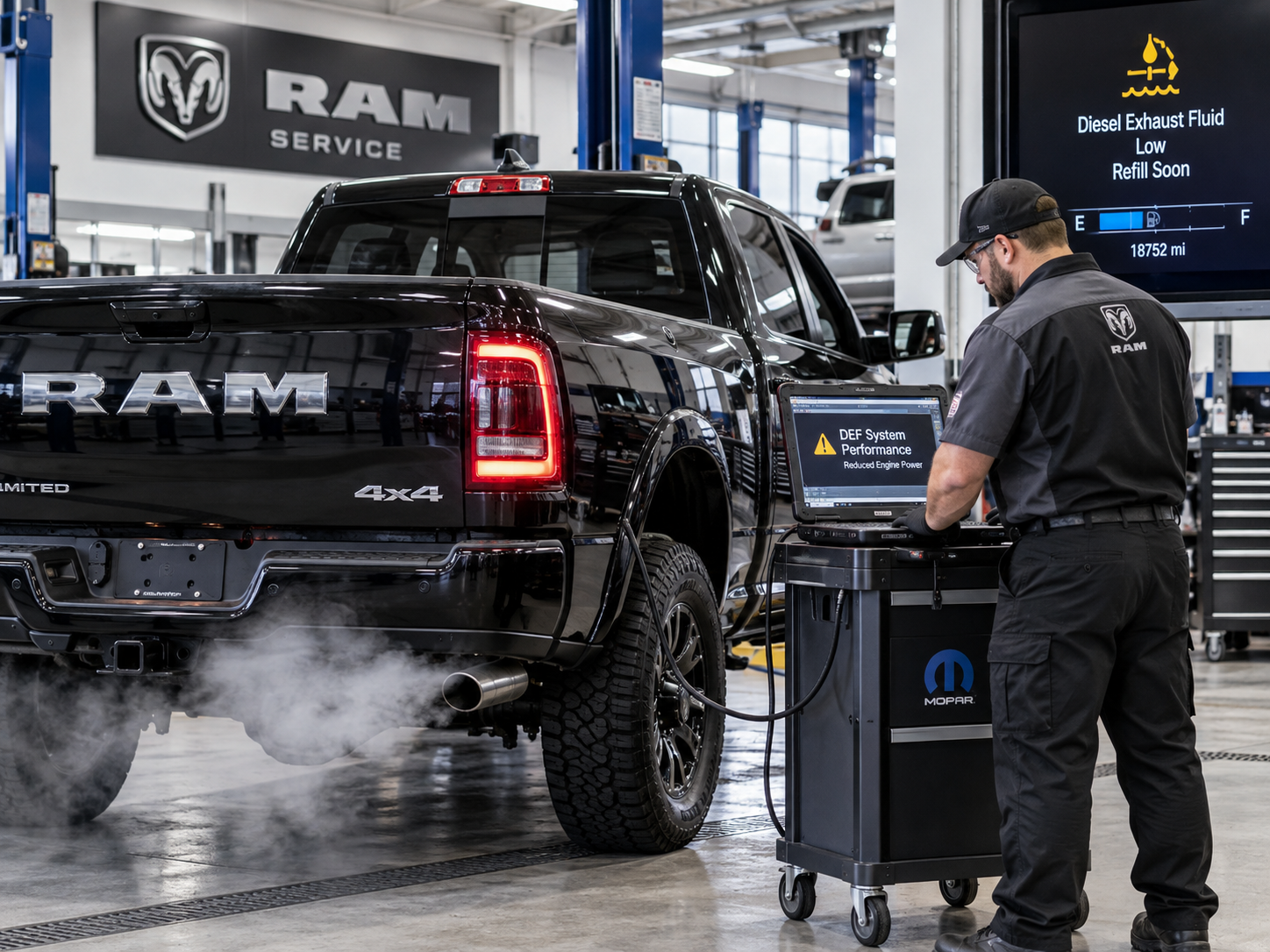 echnician diagnosing DEF and diesel emissions-system concerns on a RAM heavy-duty truck at Bonham Chrysler
