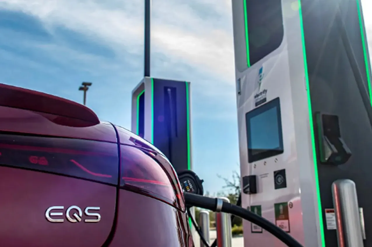 Rear view photo of charging vehicle