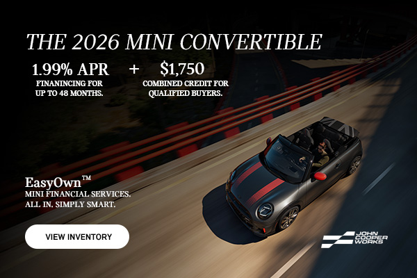 Overhead shot of MINI JCW Convertible driving on an elevated highway.
