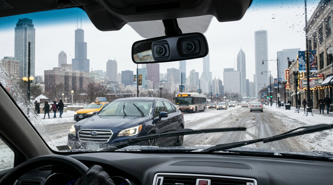 Rain on a windshield with wipers in motion — visibility and camera accuracy matter in Chicago weather.
