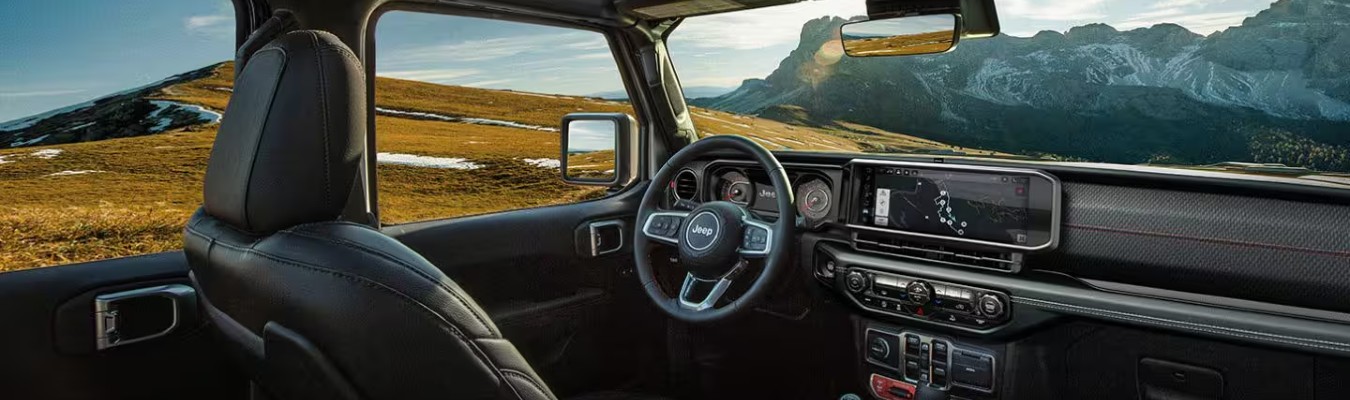 2025 Jeep Wrangler Interior Cabin Dashboard with Moutains in Distance