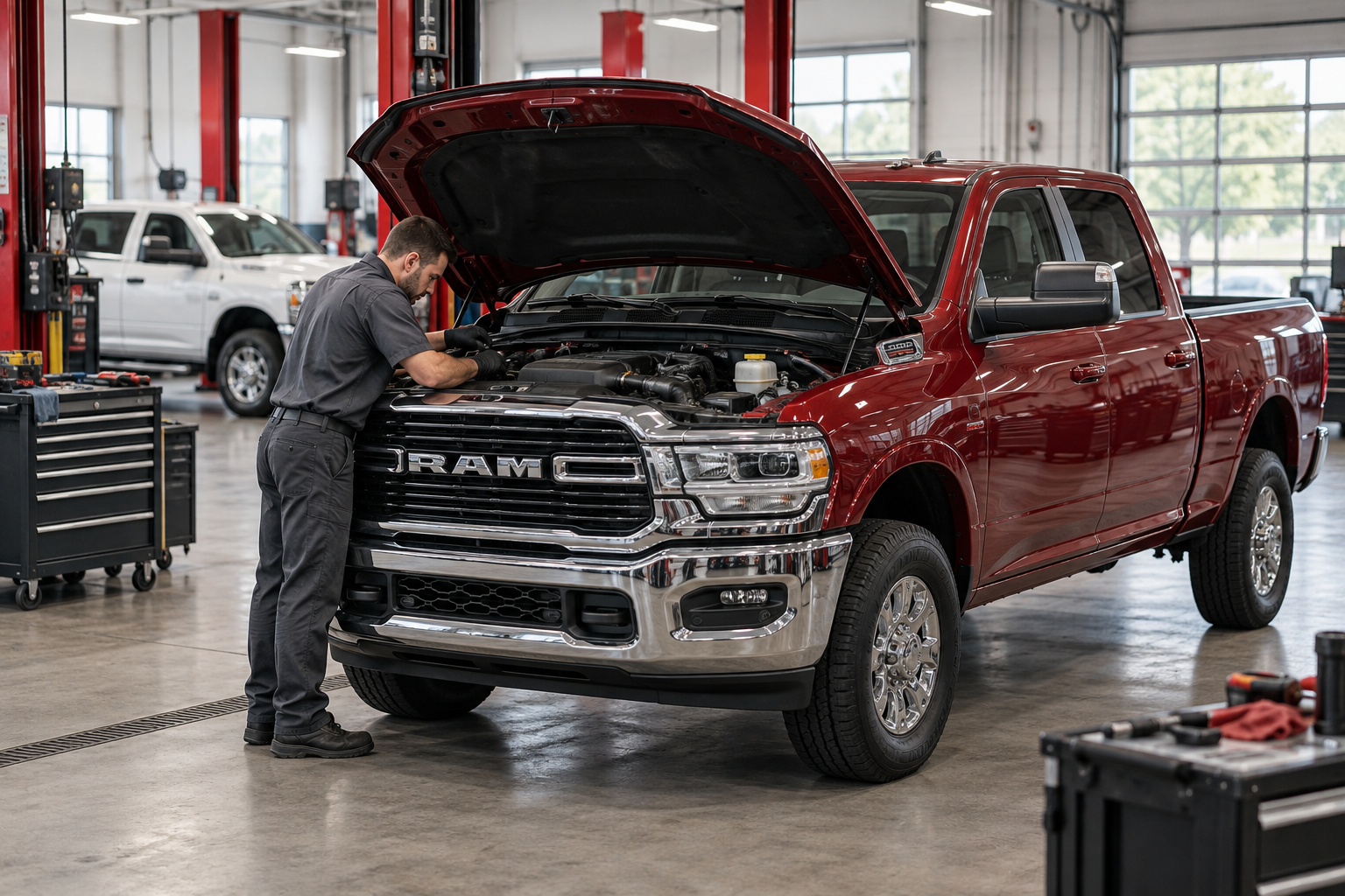 Illustration of a technician inspecting a red Ram pickup’s engine in a service bay.