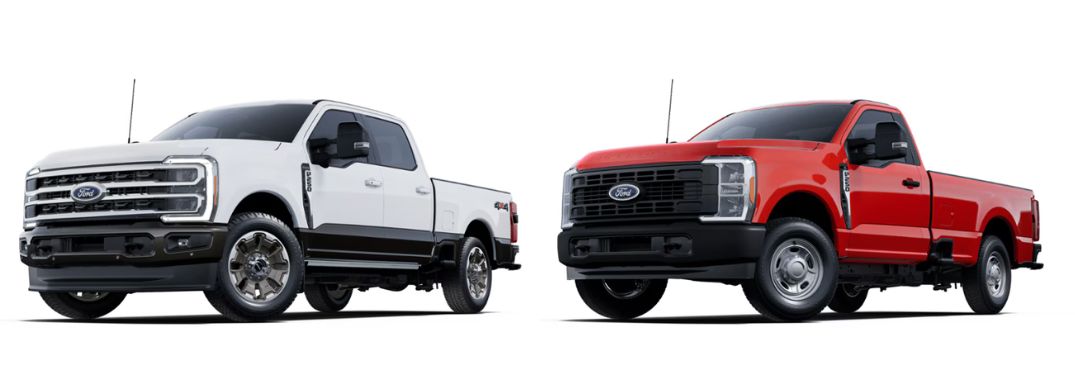 Oxford White and Race Red 2025 Ford Super Duty Models on White Background