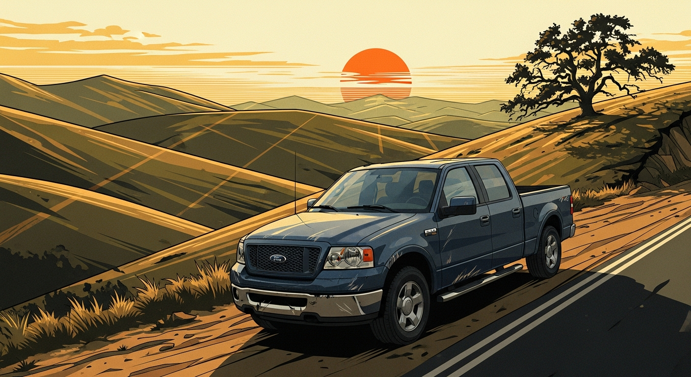 Used Ford F-150 pickup truck driving on a desert highway near Bakersfield, CA