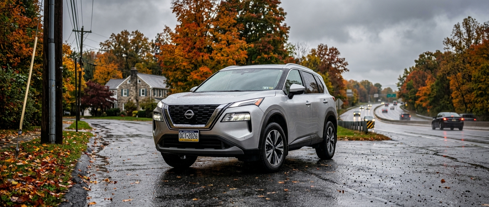 2026 Nissan Rogue on a wet autumn road in Bucks County, Pennsylvania, ready for Pennsylvania Turnpike driving season