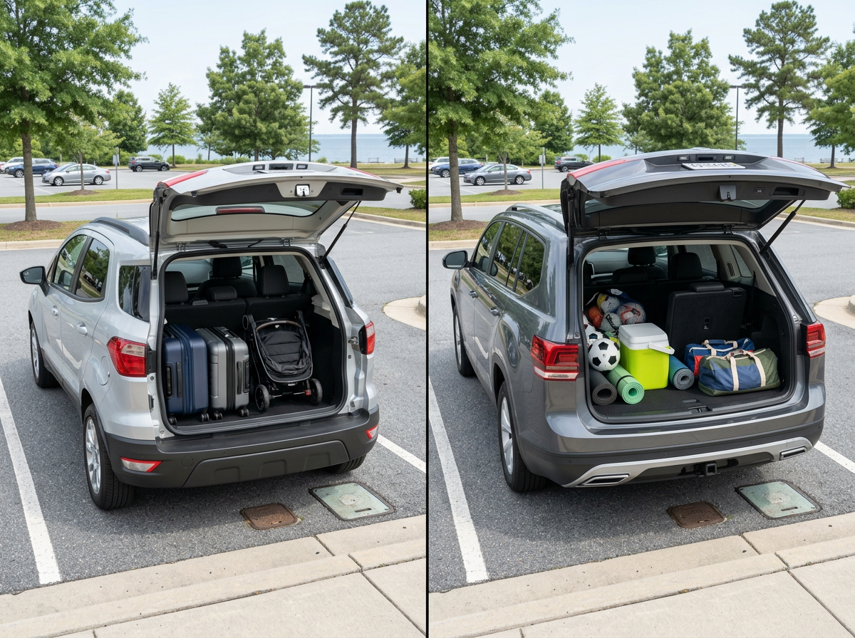 Side-by-side view of a compact SUV and a midsize SUV to compare size and cargo practicality
